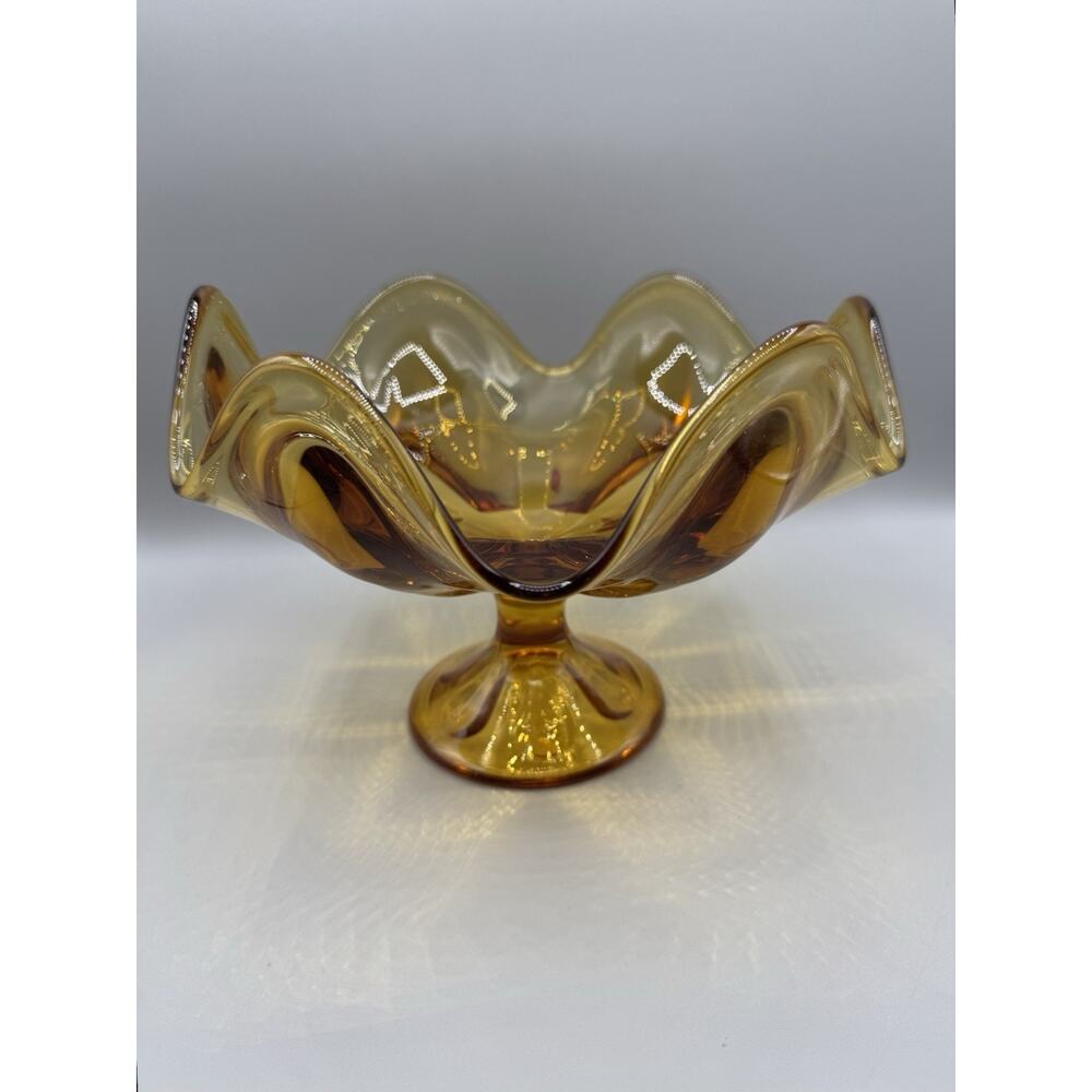 Viking Glass Large Pedestal Bowl Six Petal Design Amber MCM Vintage